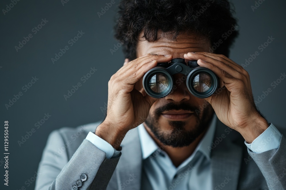 Man in a suit uses binoculars to observe something in a muted indoor setting during daytime Man in a suit uses binoculars to observe something in a muted indoor setting during daytime