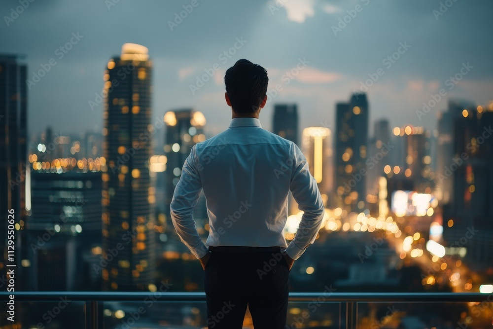 City skyline at dusk viewed by a man in formal attire reflecting on opportunities City skyline at dusk viewed by a man in formal attire reflecting on opportunities