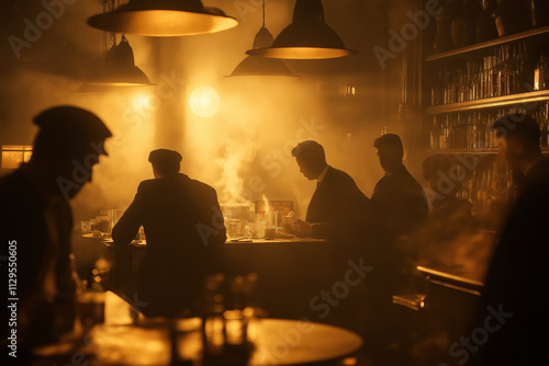 A 1920s speakeasy, the room filled with dim light