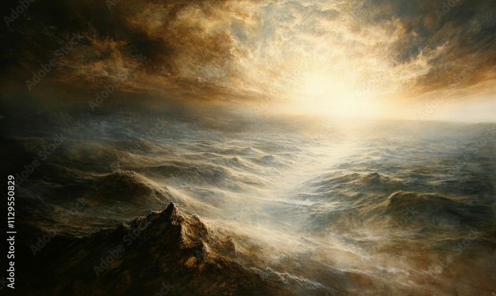 Fototapeta premium Stormy seascape, mountains, bright light, dark clouds.