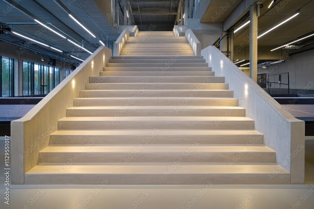 A wide staircase in a table tennis stadium, featuring polished concrete steps, clean lines, and subtle lighting for an intimate yet modern feel