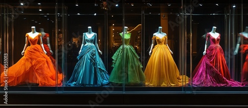 Colorful gowns displayed in a retail shop window.