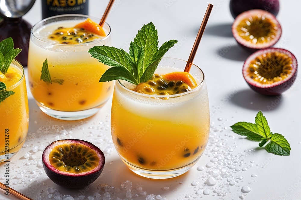 Invigorating Passion Fruit Daiquiri on a White Surface with Fresh Mint Garnish Invigorating Passion Fruit Daiquiri on a White Surface with Fresh Mint Garnish