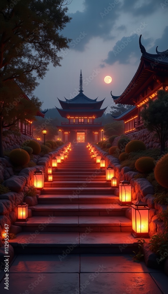 Captivating night scene of a tranquil temple illuminated by lanterns, creating a serene atmosphere under the moonlight, perfect for relaxation or cultural themes.