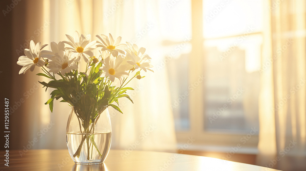 Peaceful White Daisy Arrangement by Sunlit Window with Gauzy Curtains Peaceful White Daisy Arrangement by Sunlit Window with Gauzy Curtains