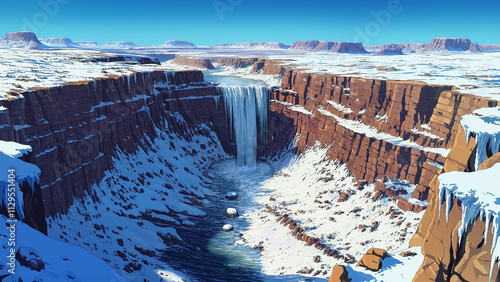 Water flows between desert canyons. Illustrations that look like a scene from an anime or game background. Blue sky, sun, clouds, sunset, night, fog, snow, rain, autumn, etc. photo