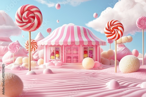 A whimsical candyland scene featuring a pink-striped candy shop surrounded by giant lollipops and fluffy pastel clouds.