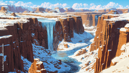 Water flows between desert canyons. Illustrations that look like a scene from an anime or game background. Blue sky, sun, clouds, sunset, night, fog, snow, rain, autumn, etc. photo