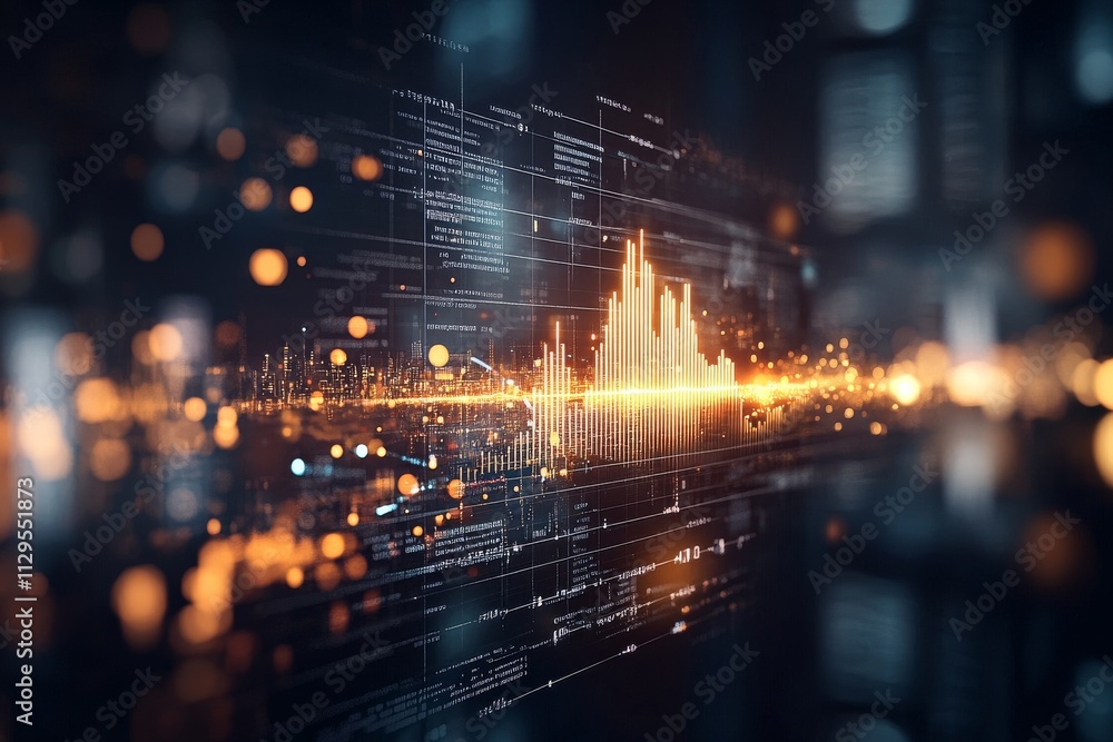 Visual representation of sound waves and data analysis in a futuristic digital environment Visual representation of sound waves and data analysis in a futuristic digital environment