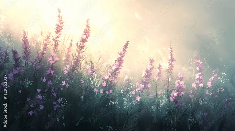 Sunlit lavender field at dawn, soft light, hazy, dreamy. Sunlit lavender field at dawn, soft light, hazy, dreamy.