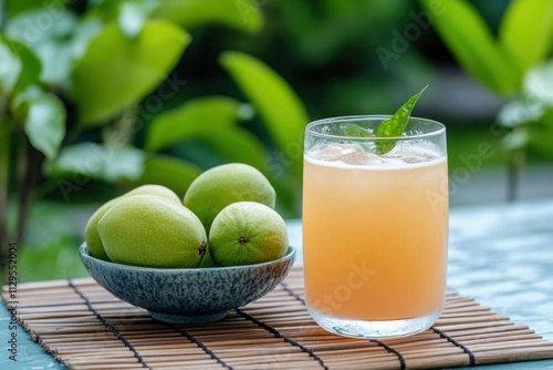 tropical guava setting, refreshing guava drink on a bamboo mat next to a bowl of fresh guavas in a peaceful outdoor setting with lush greenery photo