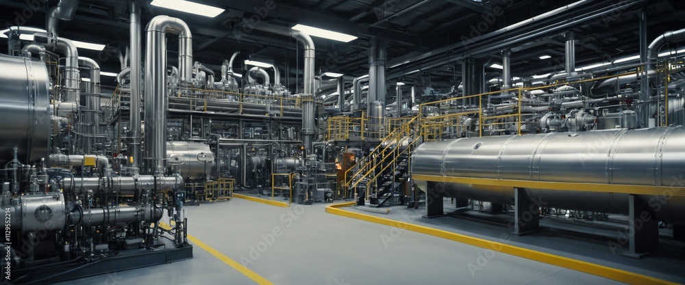 Industrial facility interior with complex machinery and piping systems. Industrial facility interior with complex machinery and piping systems.