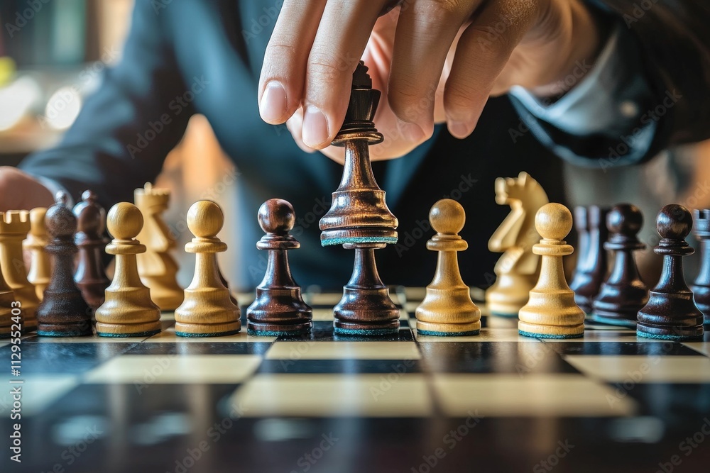 Person moves chess piece, strategic game, close-up view. Person moves chess piece, strategic game, close-up view.