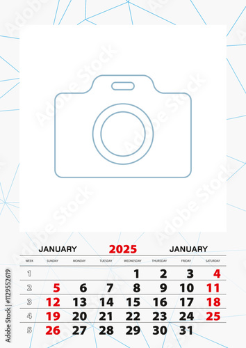 Wall calendar planner template for January 2025, week starts on sunday.