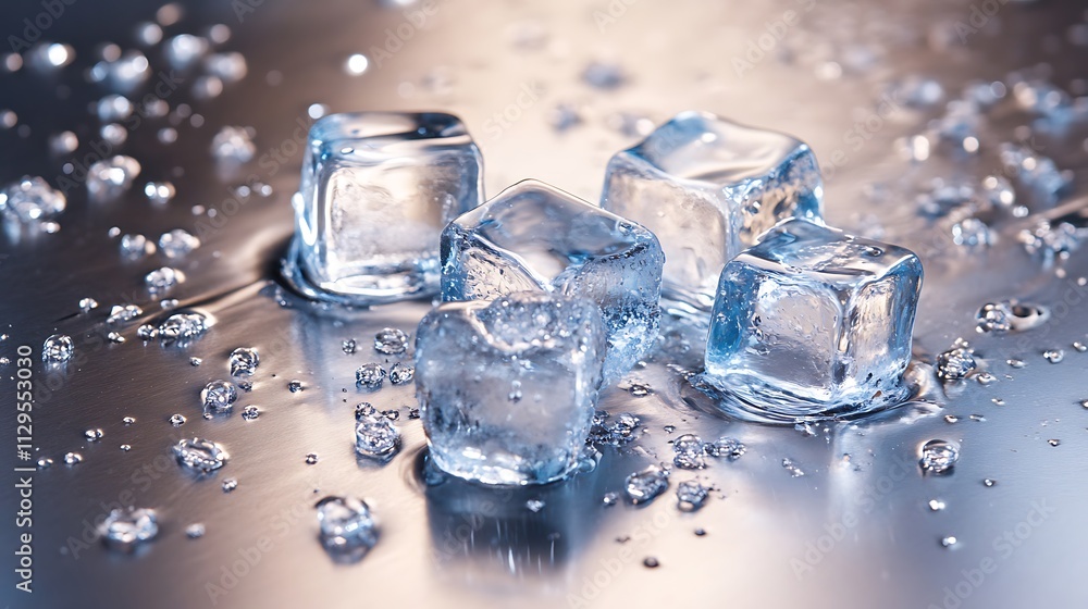 Crystal Clear Ice Cubes Melting On Metal Surface Crystal Clear Ice Cubes Melting On Metal Surface