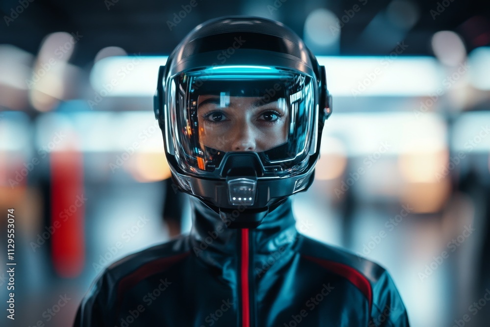 Racer prepares for competition in a high-tech helmet at a modern racing facility during the day Racer prepares for competition in a high-tech helmet at a modern racing facility during the day