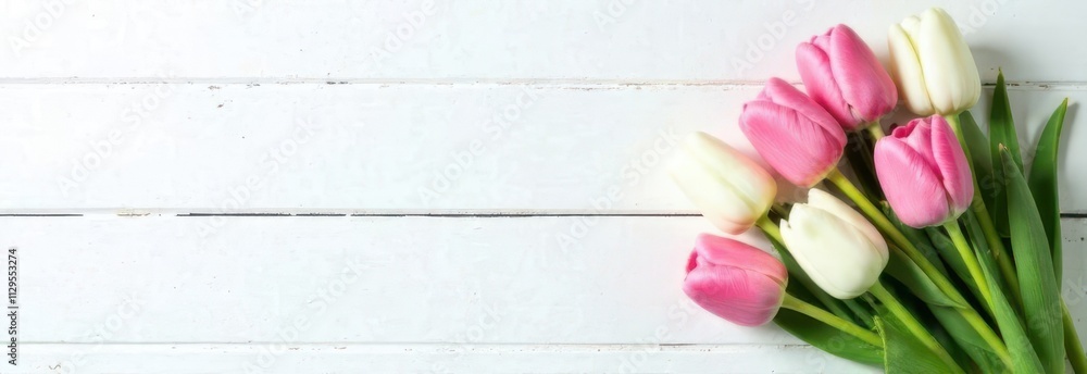 Top view banner with pink and white tulips on a white wooden table, featuring blank space for text, ideal for spring or floral-themed designs. Top view banner with pink and white tulips on a white wooden table, featuring blank space for text, ideal for spring or floral-themed designs.