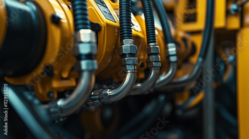 Close-up of hydraulic hoses and connectors on a yellow industrial machine, showcasing intricate engineering and metallic textures. photo