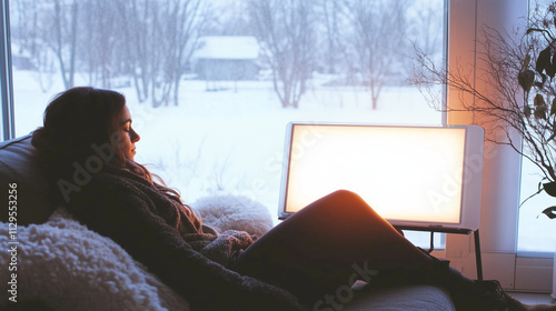Woman relaxing by light therapy lamp indoors during snowy winter for SAD therapy concepts