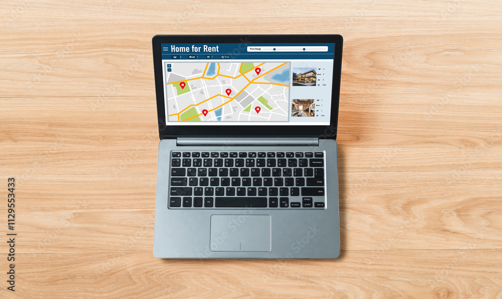 Online real estate rental search snugly on computer. House home or apartment rental website online. Online real estate rental search snugly on computer. House home or apartment rental website online.