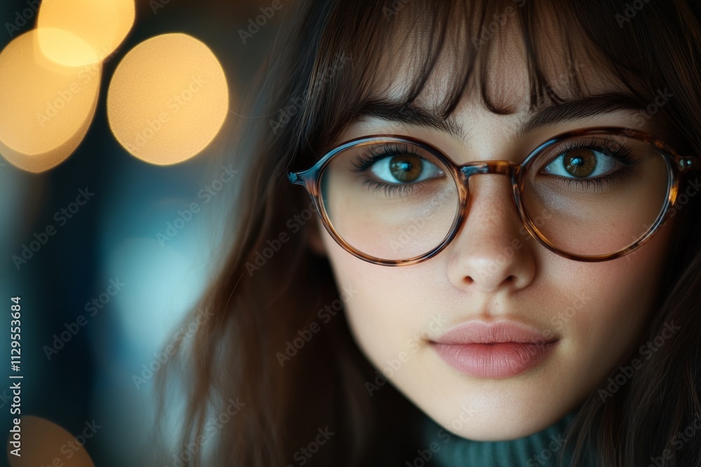 Close-up of a young woman with glasses in a cozy indoor setting during the evening Close-up of a young woman with glasses in a cozy indoor setting during the evening