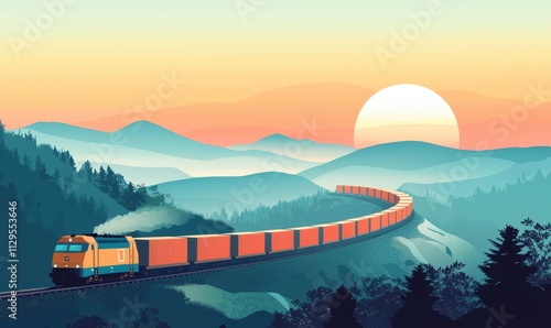A vibrant train travels along a winding track through mountains at sunset, surrounded by trees and a warm, colorful sky.
