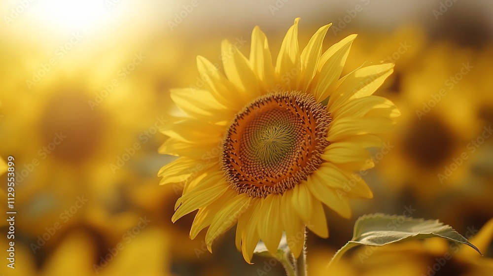 Fototapeta premium Close-up of a vibrant sunflower in a field at sunset.