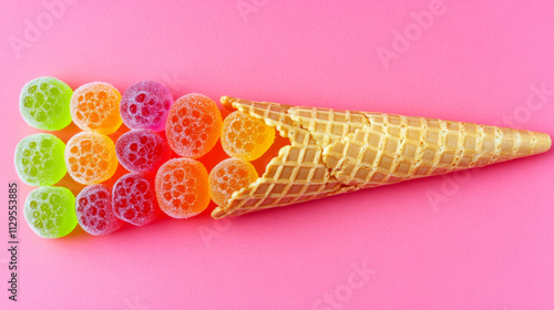 A waffle cone filled with colorful gummy candies rests on a pink surface. Concept of playful candy presentation. photo