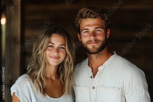 Happy young couple smiling together in a rustic indoor setting during a summer day