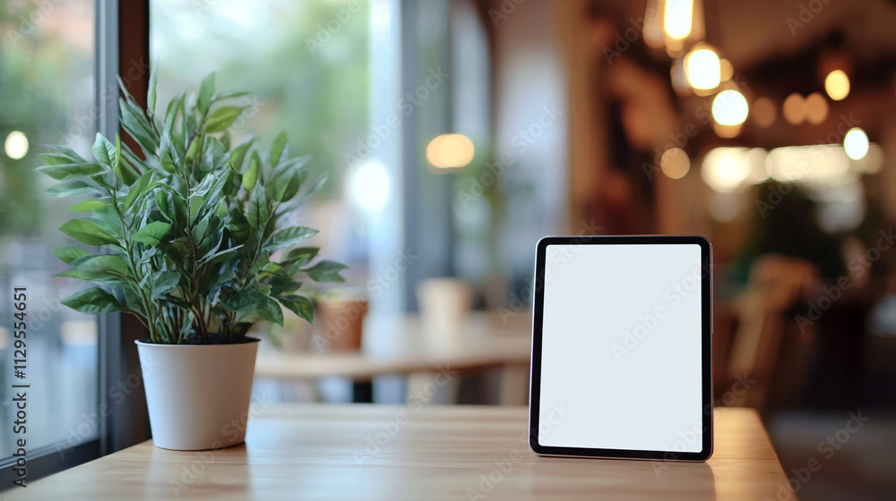 Blank Tablet Screen on Wooden Table in Cafe Mockup Lifestyle Blank Tablet Screen on Wooden Table in Cafe Mockup Lifestyle