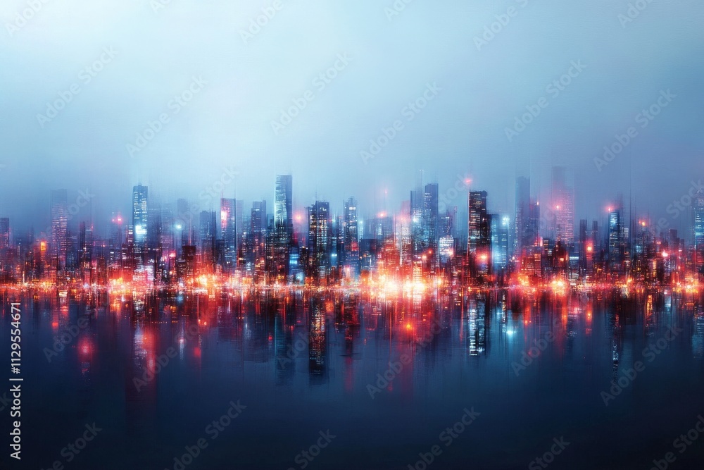 Fototapeta premium City skyline illuminated by lights at night showcasing reflections on water