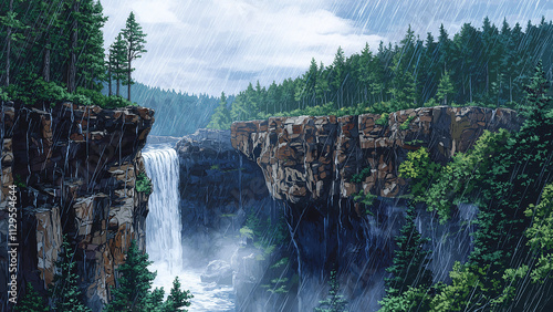 Water flows through a forest canyon. Illustrations that look like a scene from an anime or game background. Blue sky, sun, clouds, sunset, night, fog, snow, rain, autumn, etc. photo