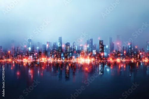 City skyline illuminated by lights at night showcasing reflections on water