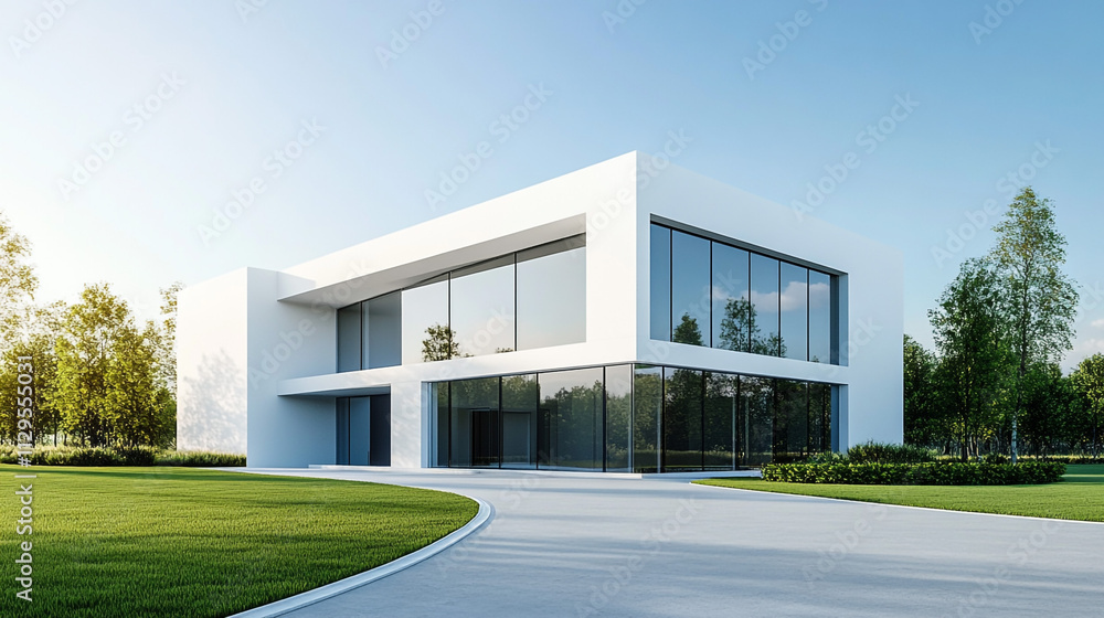 Modern White Office Building Glass Facade Green Lawn Modern White Office Building Glass Facade Green Lawn