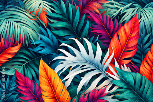 Vibrant tropical foliage & colorful flowers seamless background