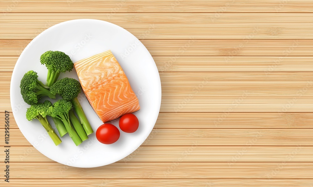 Fresh Salmon Fillet Served with Assorted Vegetables on a White Plate copy space for Text Fresh Salmon Fillet Served with Assorted Vegetables on a White Plate copy space for Text