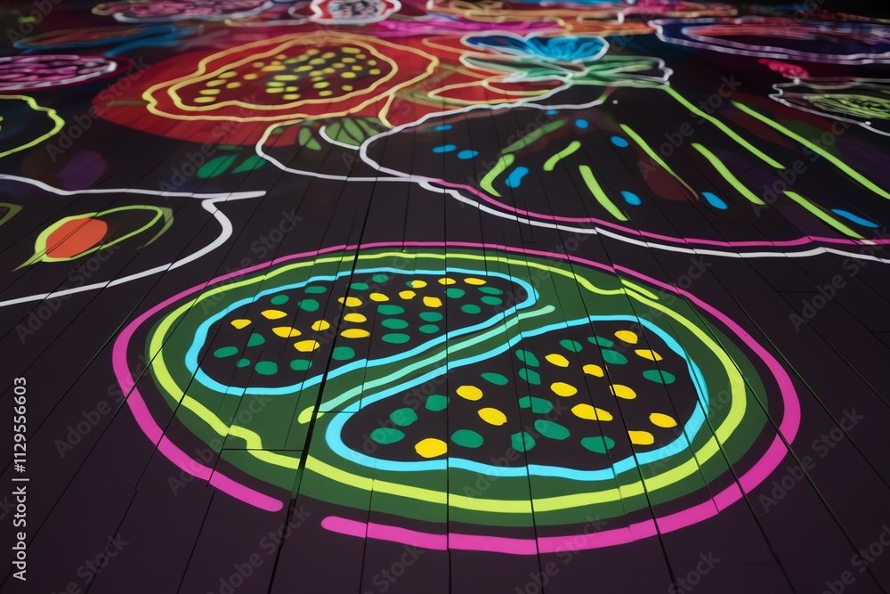 Obraz premium Vibrant neon art illuminating cultural motifs on a dark surface.