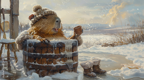 A cheerful capybara in a woolly bobble hat relaxes in a wine-barrel bathtub outdoors