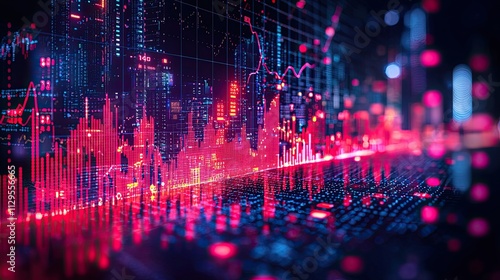 Vibrant data visualization of stock market trends with glowing graphs and futuristic city backdrop at night