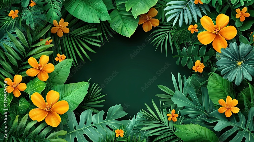 Fototapeta premium Tropical foliage arrangement with vibrant flowers against a dark background