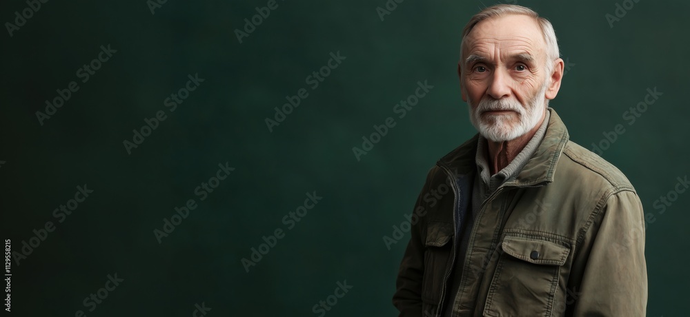 Elderly man portrait with gray beard, wearing green jacket, standing against dark green background, showcasing wisdom and experience, copy space for text Elderly man portrait with gray beard, wearing green jacket, standing against dark green background, showcasing wisdom and experience, copy space for text