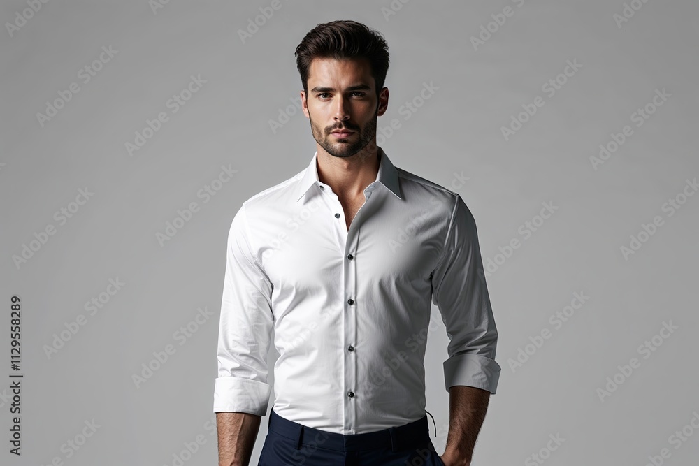 Elegant Man Displaying White Collared Shirt for Professional Fashion Design Mockup Elegant Man Displaying White Collared Shirt for Professional Fashion Design Mockup