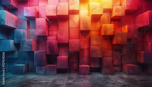 A colorful wall made of blocks with a blue and red section photo