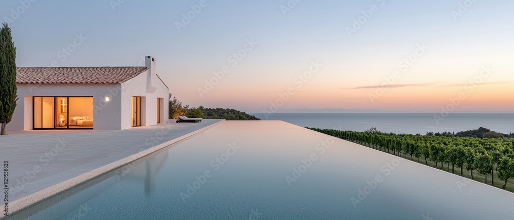 Beautiful modern villa with a stunning view of the ocean at sunset. the villa has a white exterior with a red tiled roof and large windows that let in natural light. Beautiful modern villa with a stunning view of the ocean at sunset. the villa has a white exterior with a red tiled roof and large windows that let in natural light.
