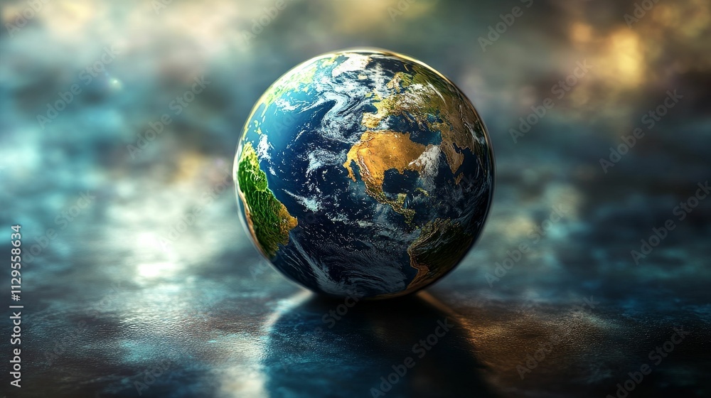 Detailed globe rests on dark, reflective surface. Detailed globe rests on dark, reflective surface.