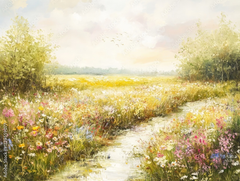 Fototapeta premium Serene Meadow at Dawn, vibrant wildflowers bloom beside a gentle stream, golden fields stretch under a pastel sky, birds soar peacefully overhead in the tranquil landscape.