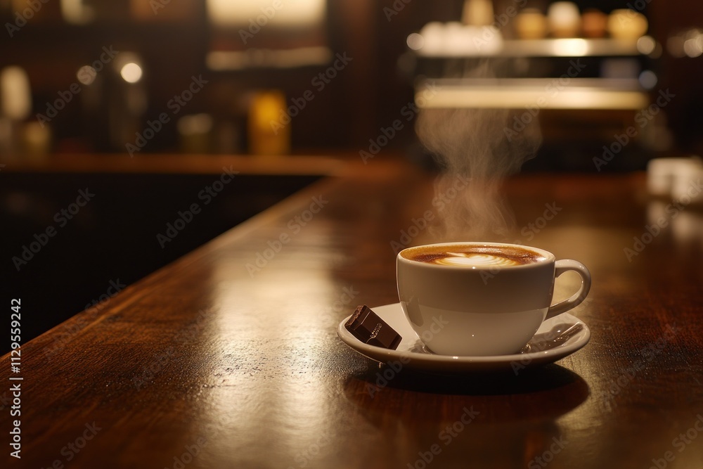 Steaming cappuccino in white cup on wooden counter in cafe. Steaming cappuccino in white cup on wooden counter in cafe.