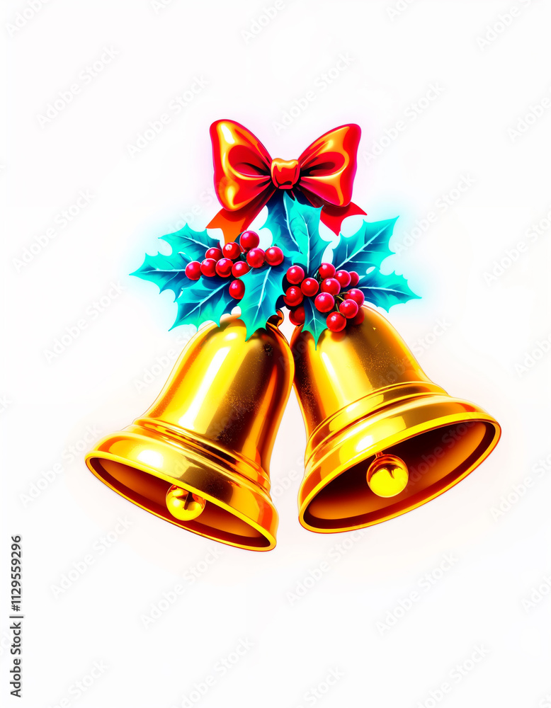 Golden Bells with Holly Leaves, Red Berries, and Bows on White Background Golden Bells with Holly Leaves, Red Berries, and Bows on White Background