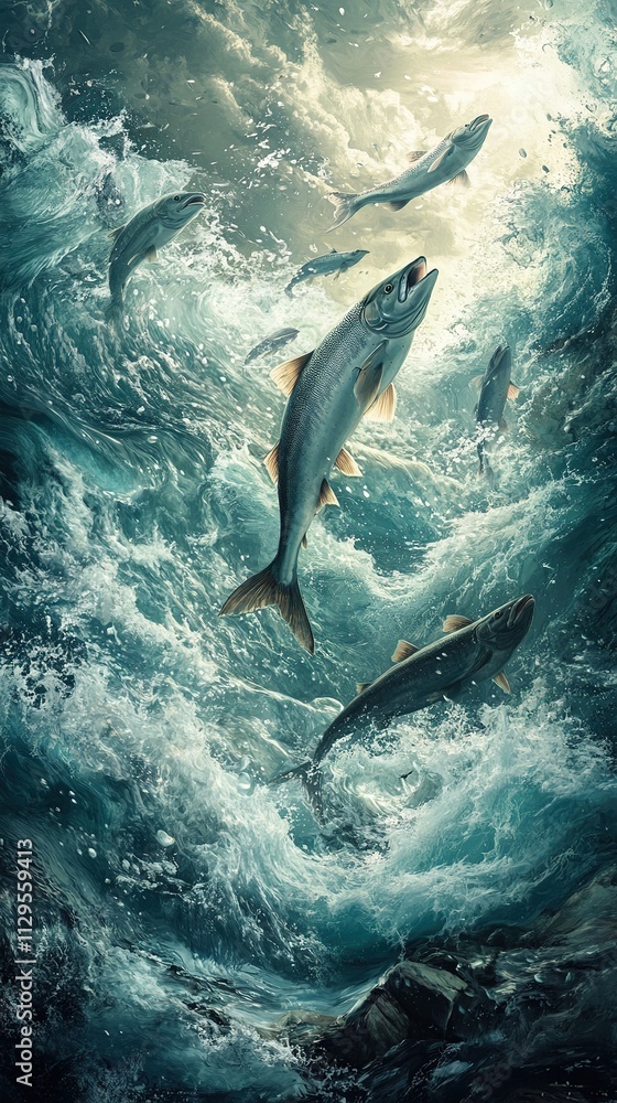 Naklejka premium School of salmon leaping from ocean waves.
