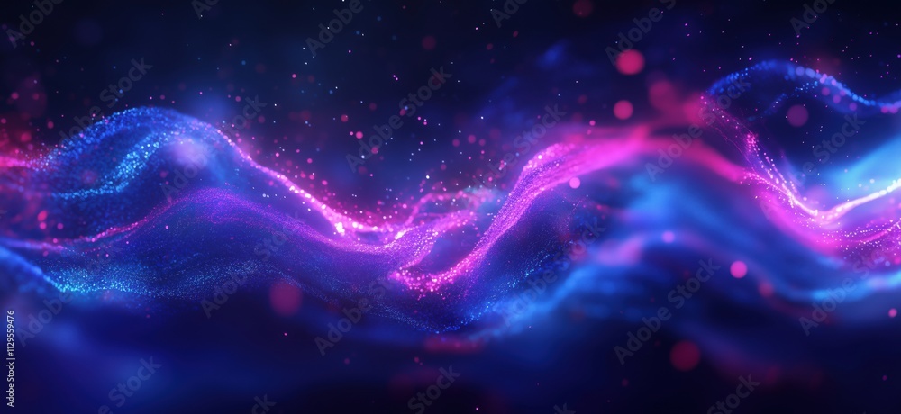 Colorful abstract waves with glowing particles, vibrant blue and pink hues, dynamic movement, digital art, cosmic background, copy space for text Colorful abstract waves with glowing particles, vibrant blue and pink hues, dynamic movement, digital art, cosmic background, copy space for text